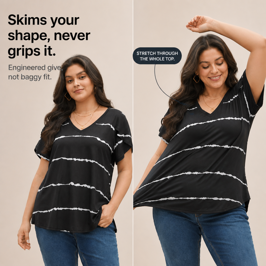 Curvella Striped V-Neck Stretch Knit Tee - Elena Harper