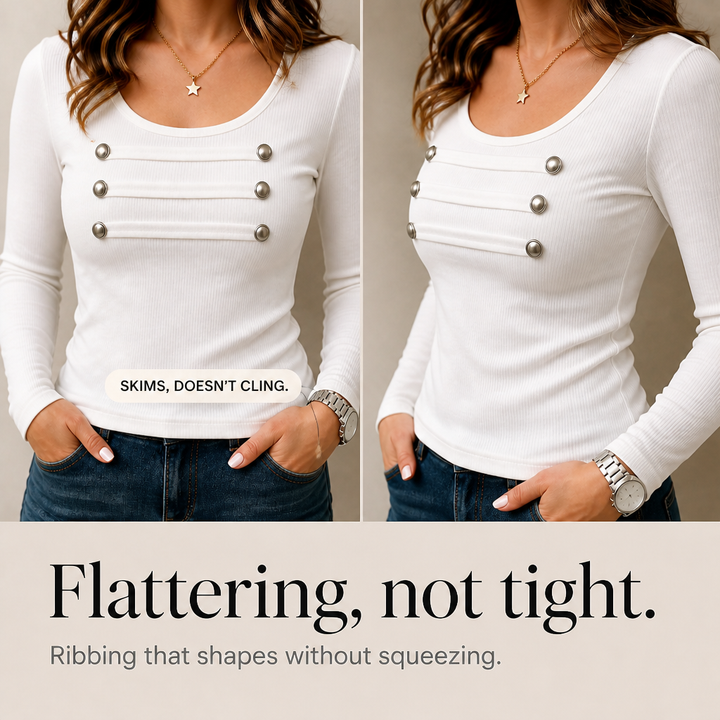 Buttonelle Silver-Button Strap Ribbed Long-Sleeve Top - Elena Harper