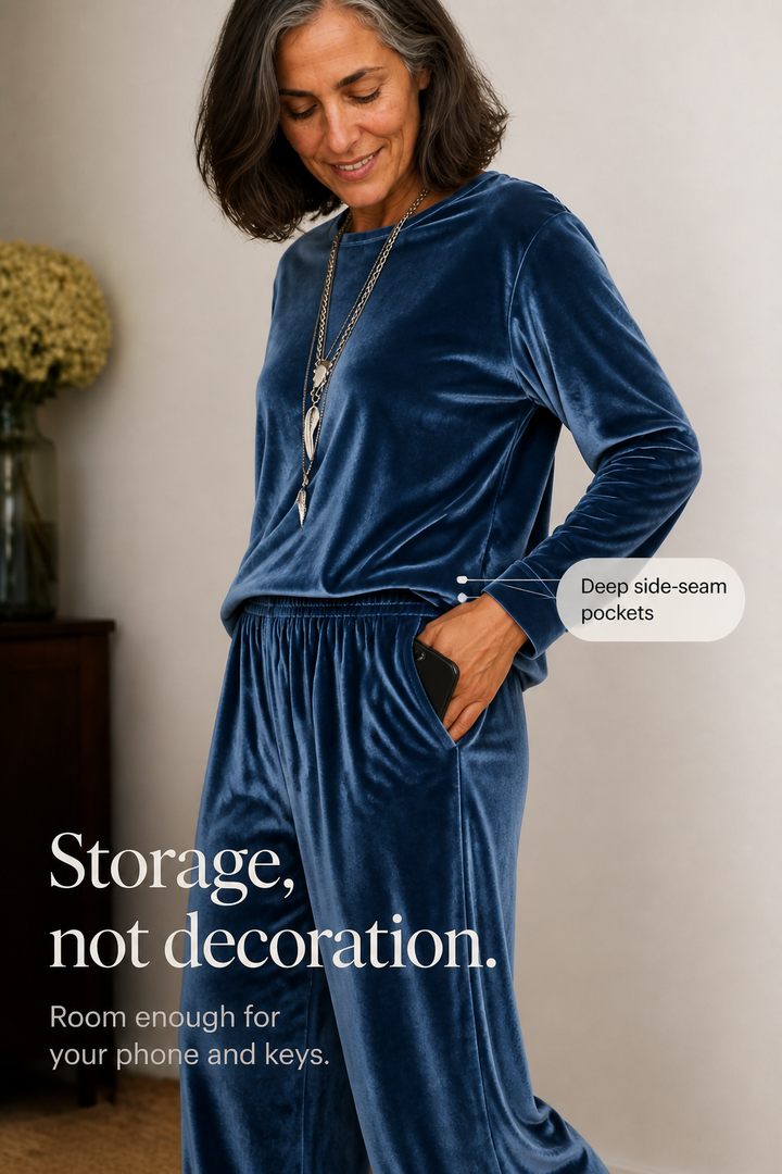 Duskvelor Velvet-Look Wide-Leg Two-Piece Lounge Set - Elena Harper