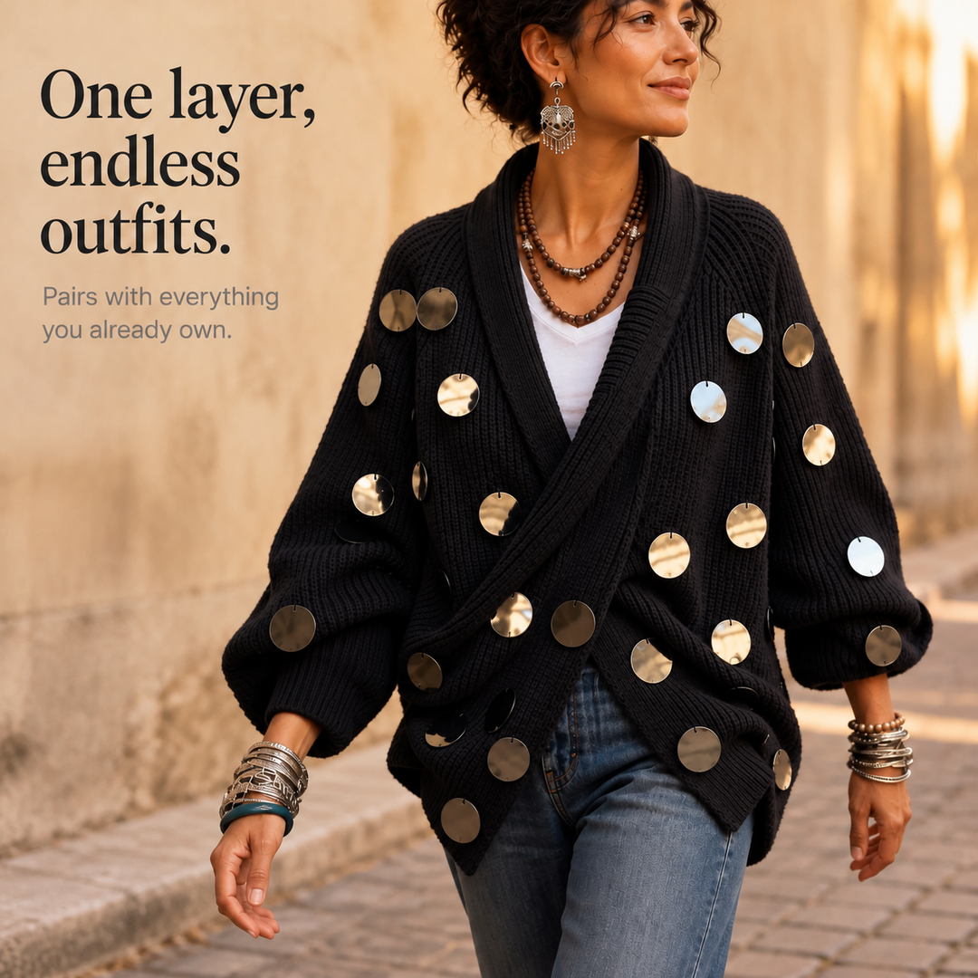 Diskelle Metallic Disk Wrap Cardigan - Elena Harper