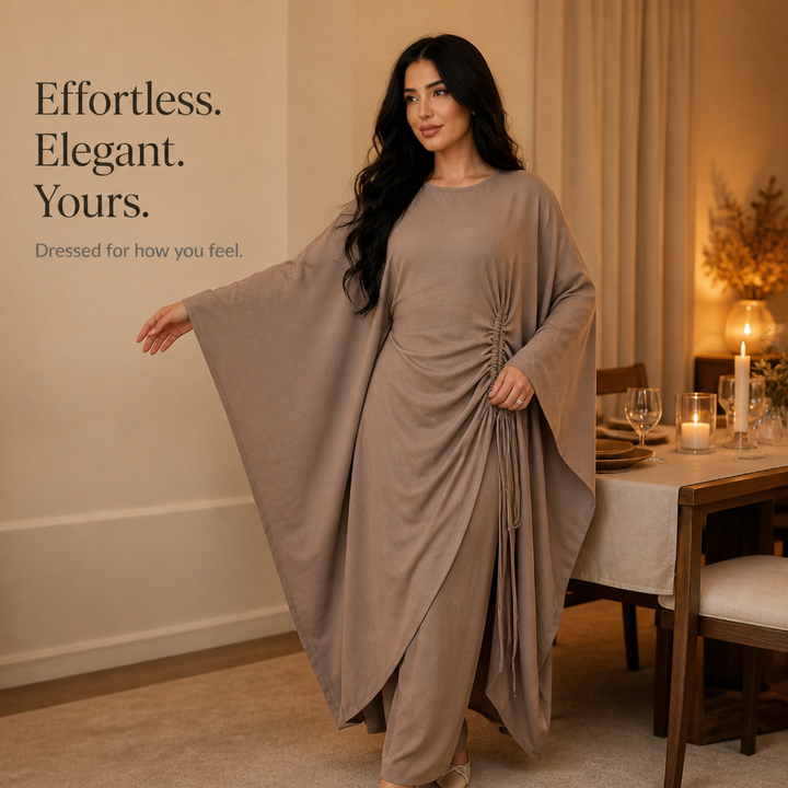 Cinchara Ruched Waist Batwing Kaftan Two-Piece Set - Elena Harper