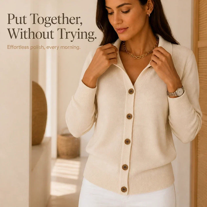 Collara Turn-Down Collar Contrast-Button Knit Cardigan - Elena Harper