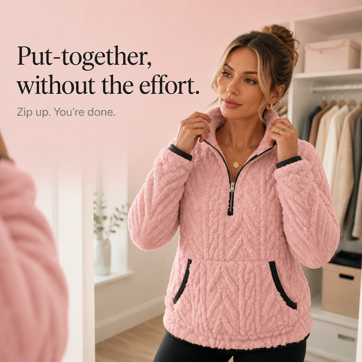 Cloudessa Half-Zip Fuzzy Pullover With Kangaroo Pocket - Elena Harper