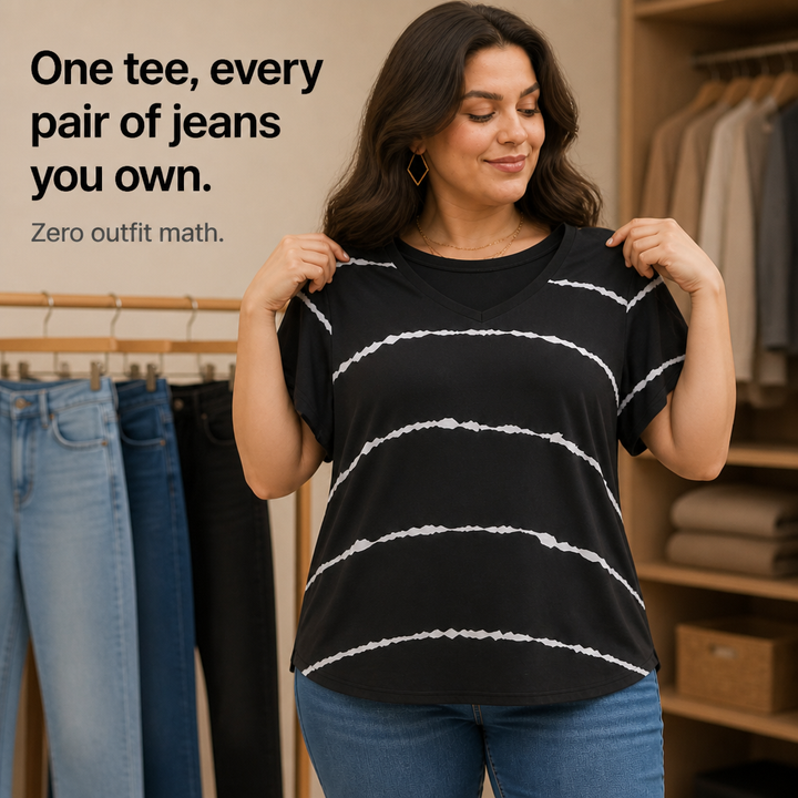 Curvella Striped V-Neck Stretch Knit Tee - Elena Harper