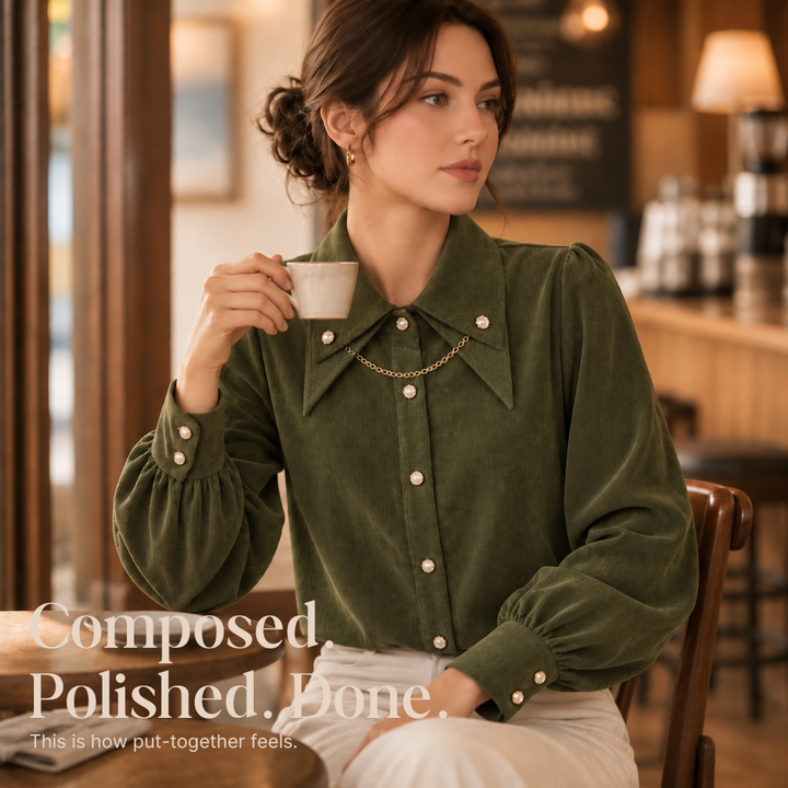 Corduvia Studded Collar Corduroy-Look Shirt With Detachable Chain - Elena Harper