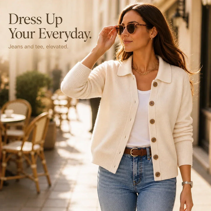 Collara Turn-Down Collar Contrast-Button Knit Cardigan - Elena Harper