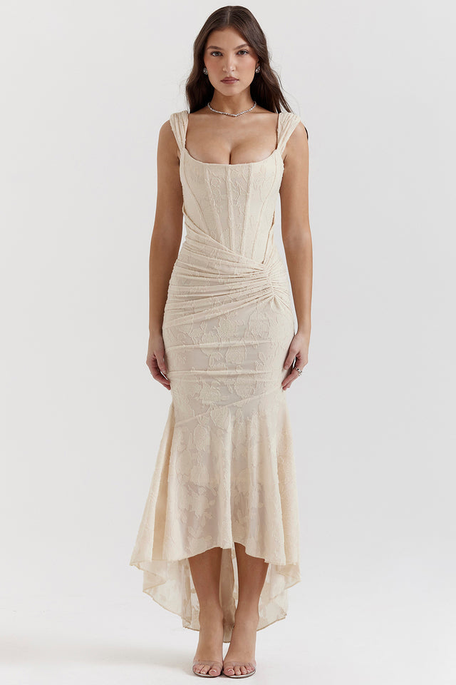 Draped Corset Dress Evening Gown with High Low Hem