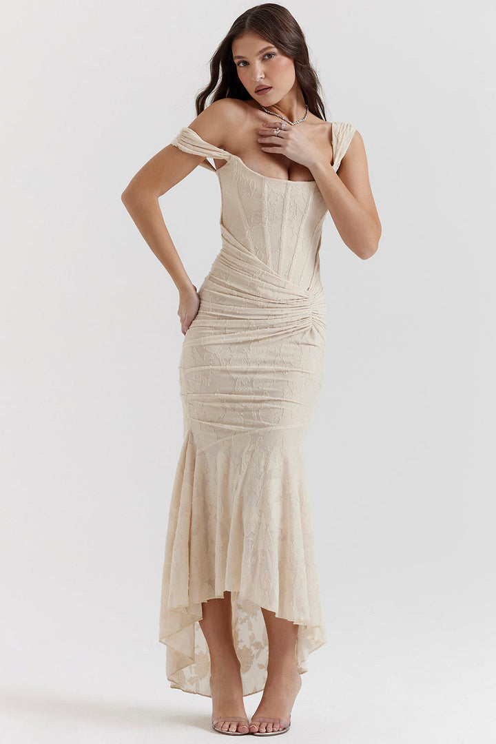 Draped Corset Dress Evening Gown with High Low Hem