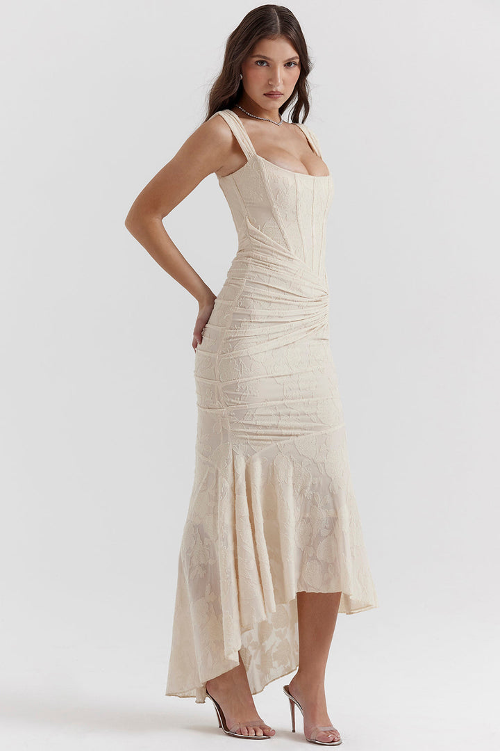Draped Corset Dress Evening Gown with High Low Hem
