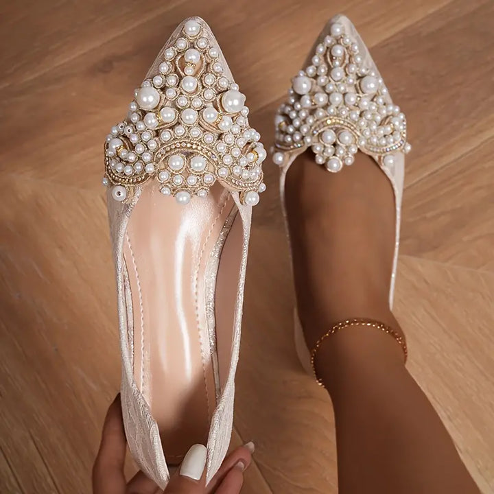 Women's Elegant Bridal Ballet Flats with Lace & Pearls for Weddings