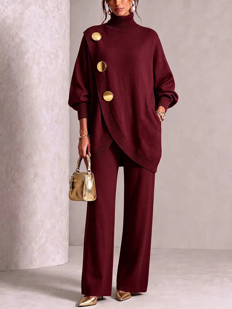 Elegant Burgundy Knit Asymmetrical Button Set