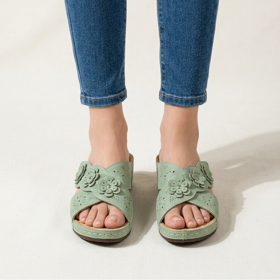 Amycca Comfortable Wedge Slippers with Floral Applications, view 9 - Elena Harper