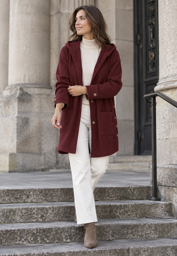 Long Corduroy Jacket for Women with Buttoned Hood - Coralie