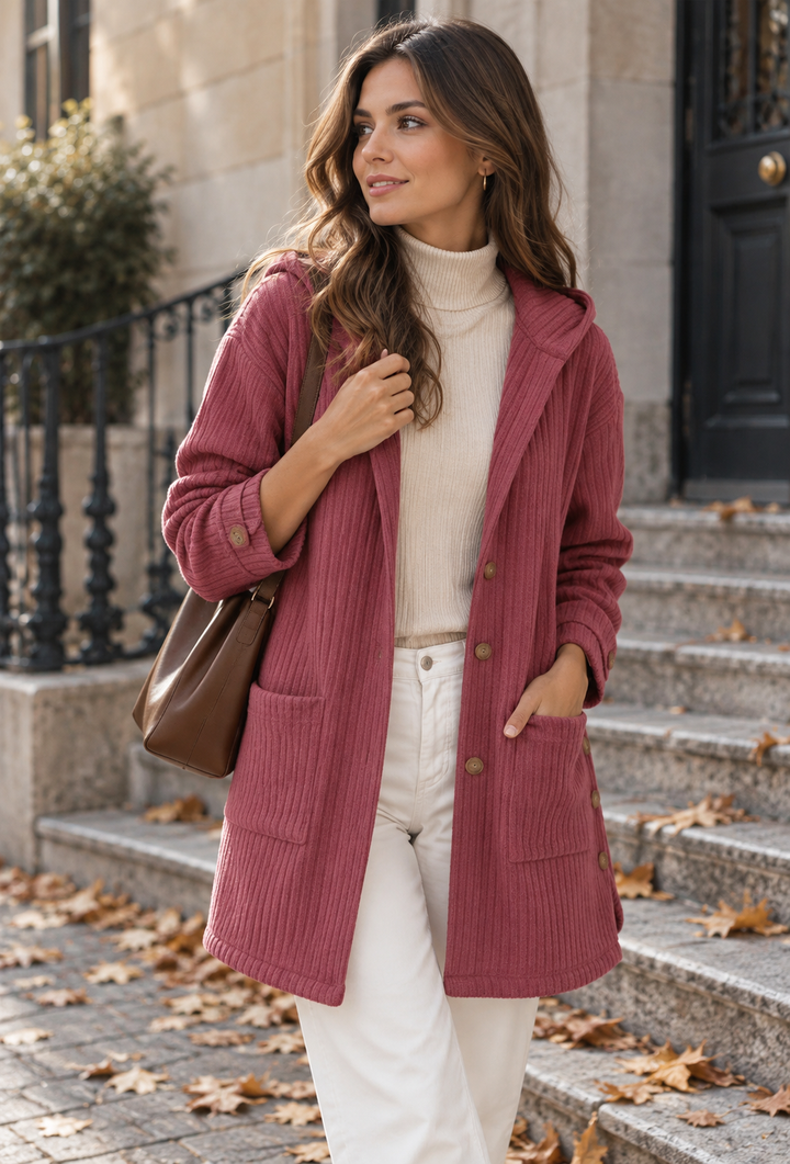 Long Corduroy Jacket for Women with Buttoned Hood - Coralie