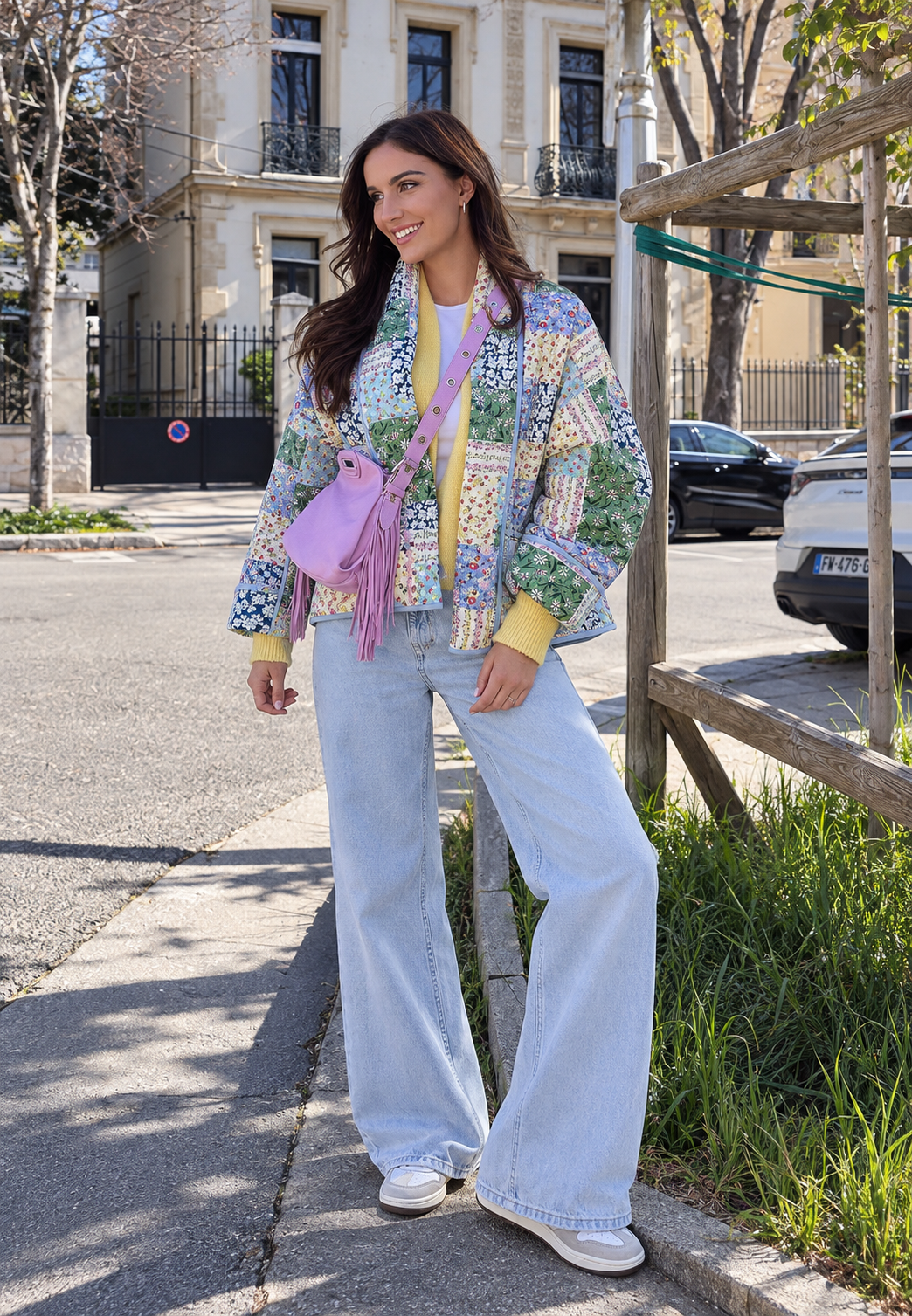 Women's Quilted Jacket with Floral Patchwork and Lapels - Bettina