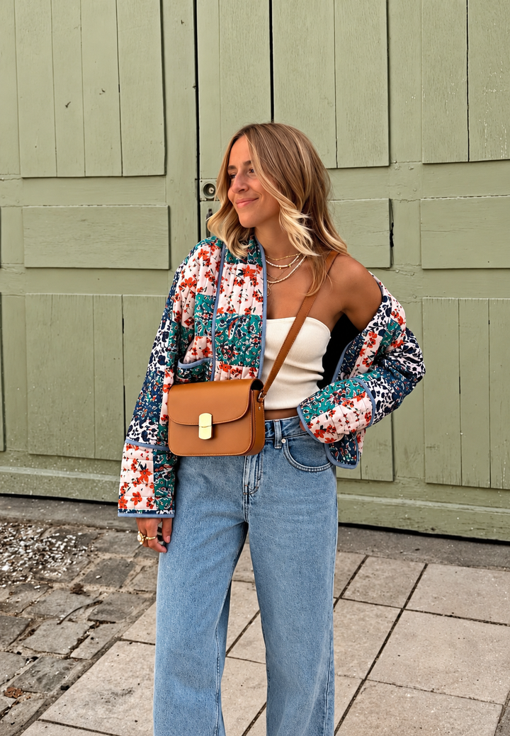 Women's Quilted Jacket with Combined Floral Print - Vetilia