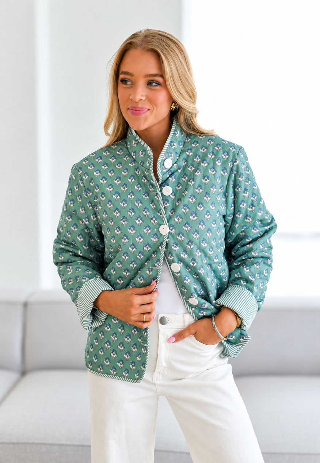 Women’s Padded Microfloral Jacket with High Collar and Buttons - Bodil
