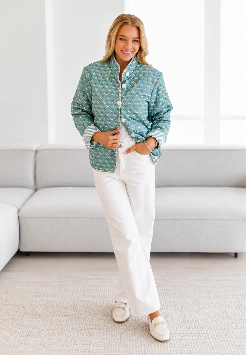 Women’s Padded Microfloral Jacket with High Collar and Buttons - Bodil
