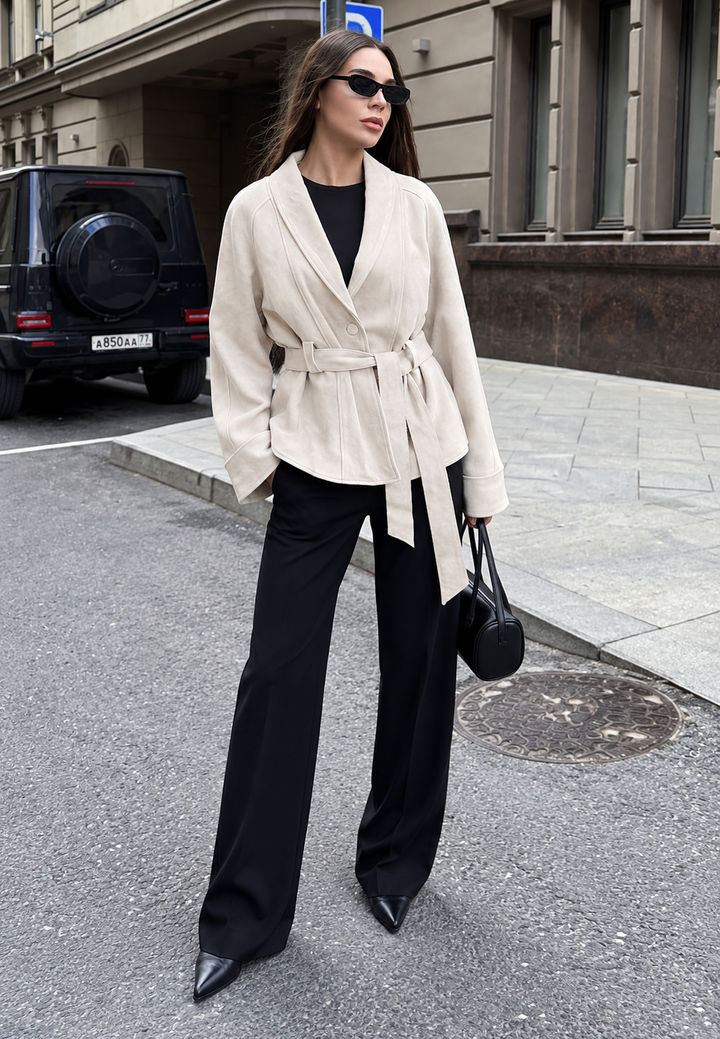 Women's Suede Effect Jacket with Belt and Wide Sleeves - Nadia