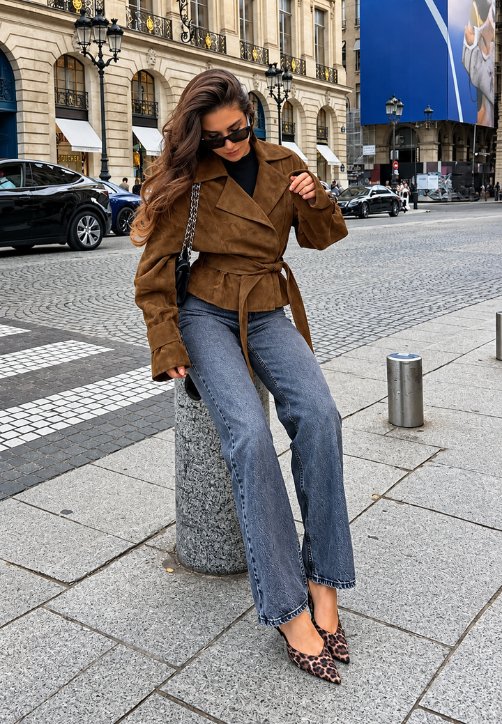 Women's Jacket with Suede Effect and Wide Lapels - Ariane