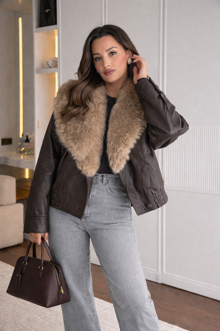 Women's Faux Leather Jacket with Wide Fur Collar - Nymera