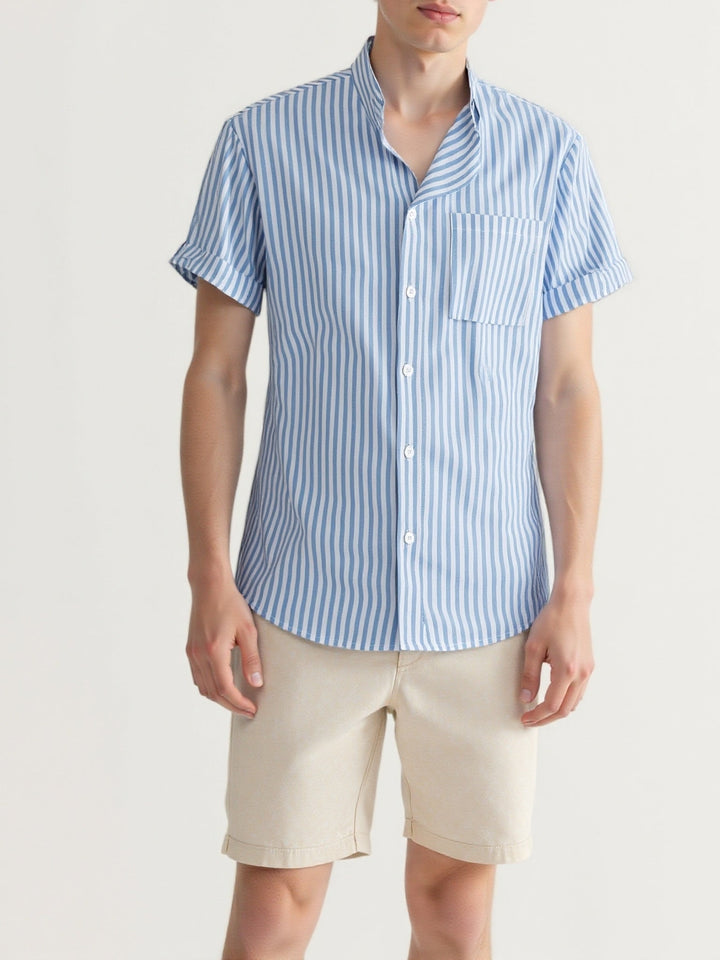 Striped Mao Collar Men's Shirt