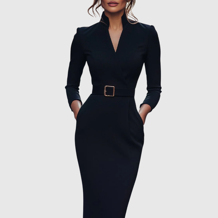 Women's Elegant Mock Wrap Midi Dress with Flattering Belt