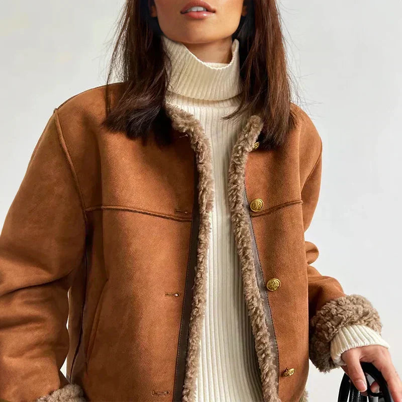 Women's Winter Jacket with Sheepskin Lining, Button Closure and Side Pockets