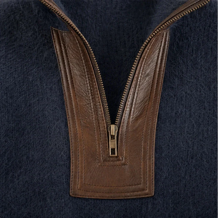 Cozyline Fuzzy Contrast-Trim Half-Zip Sweater - Elena Harper