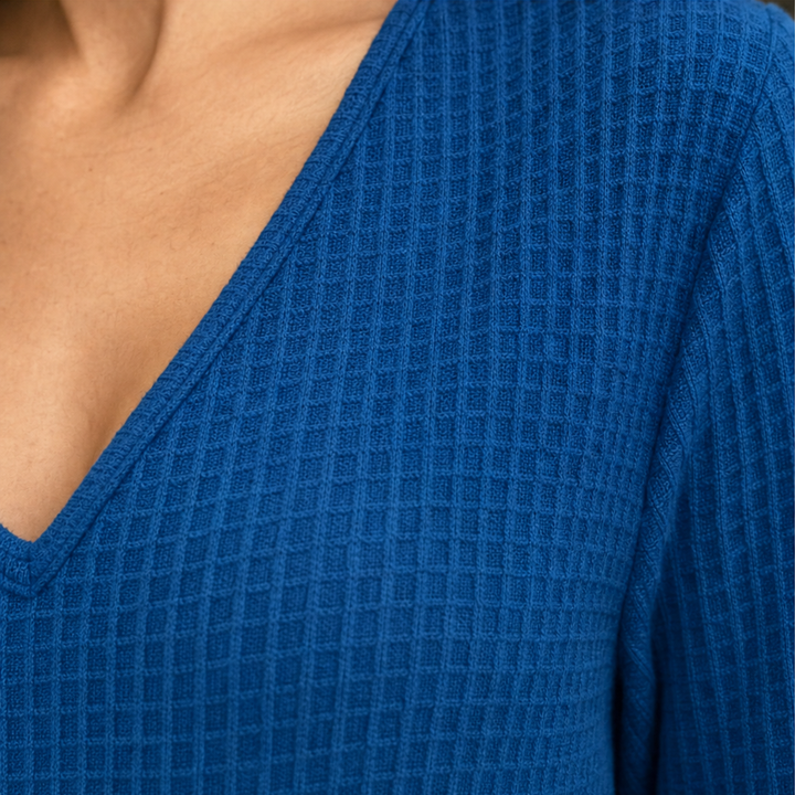 Drapella Asymmetric Crossover Hem Waffle Knit Top - Elena Harper