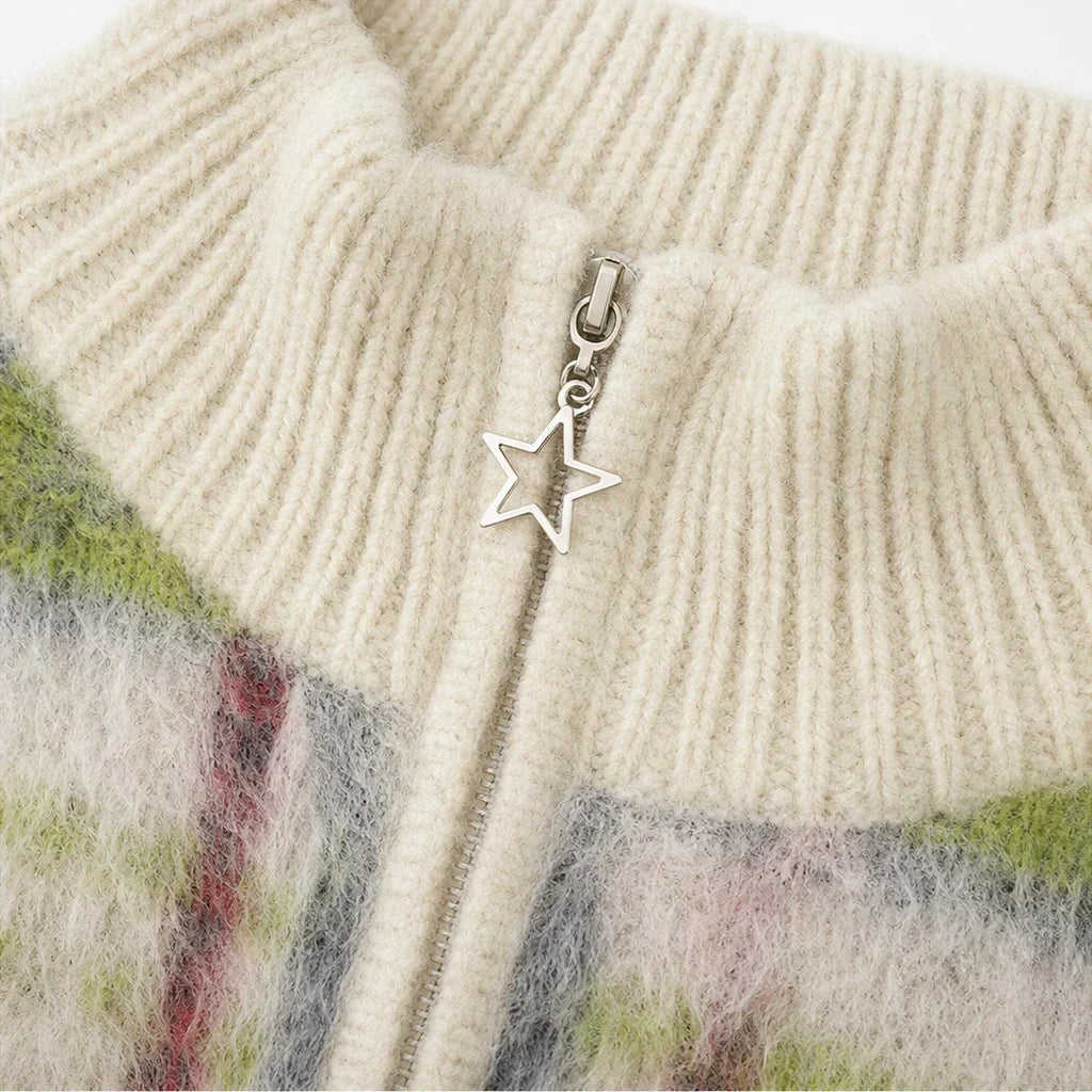 Checkermere Plush Plaid Zip-Up High-Collar Cardigan - Elena Harper