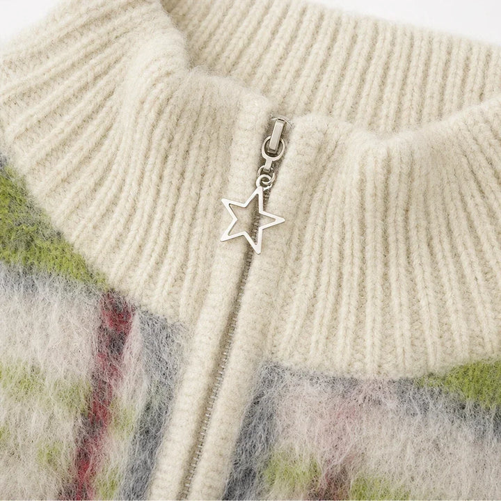 Checkermere Plush Plaid Zip-Up High-Collar Cardigan - Elena Harper