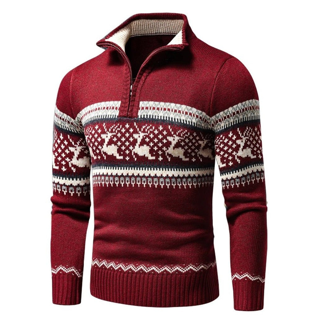 Patterned Quarter-Zip Festive Knit Sweater