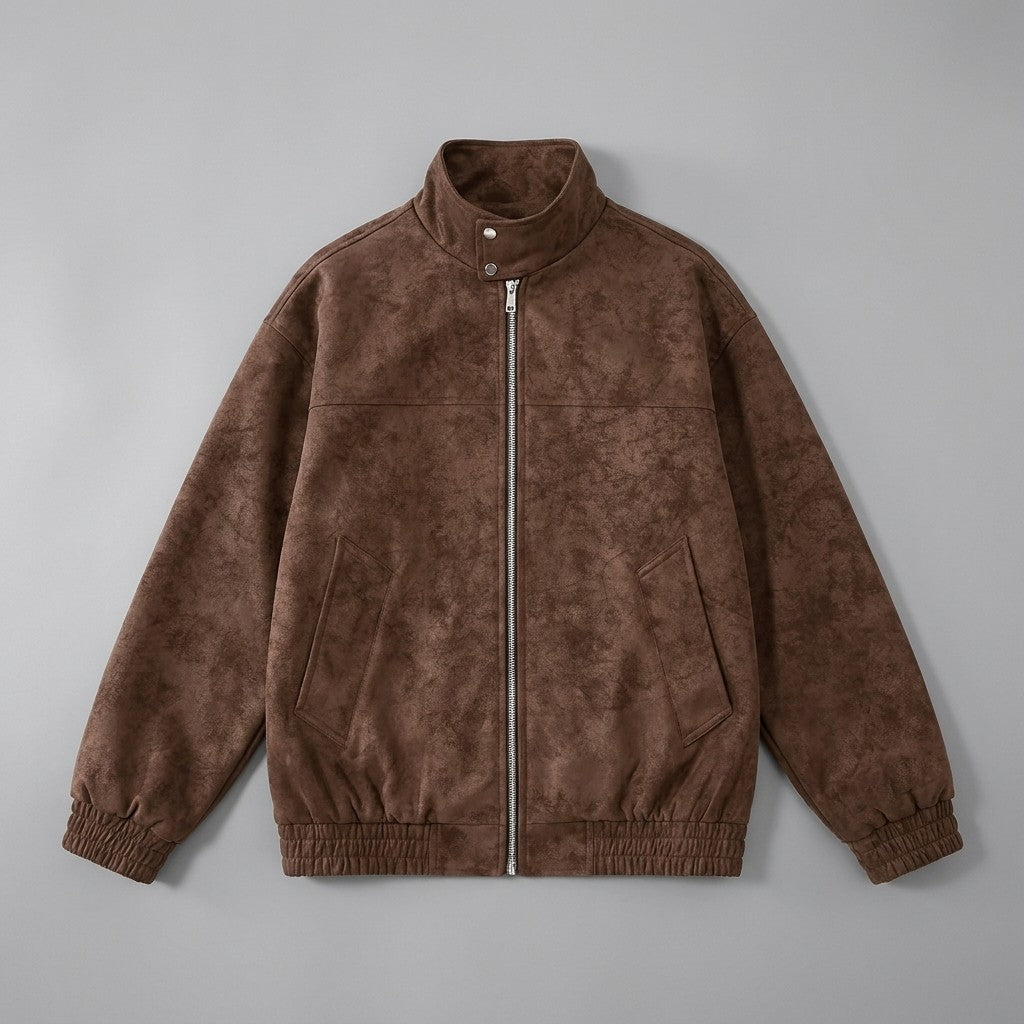 Women's Suede Jacket with Stand-Up Collar and Zipper
