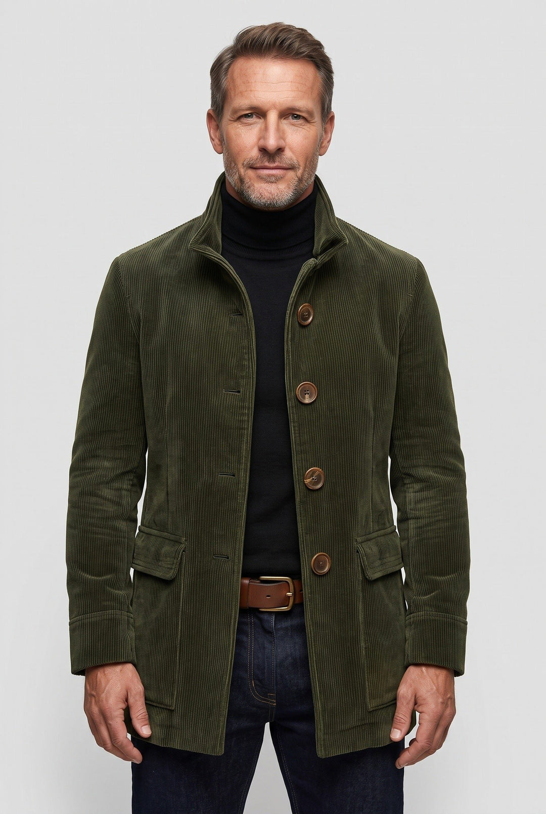Corduroy Jacket with Stand-Up Collar for Men