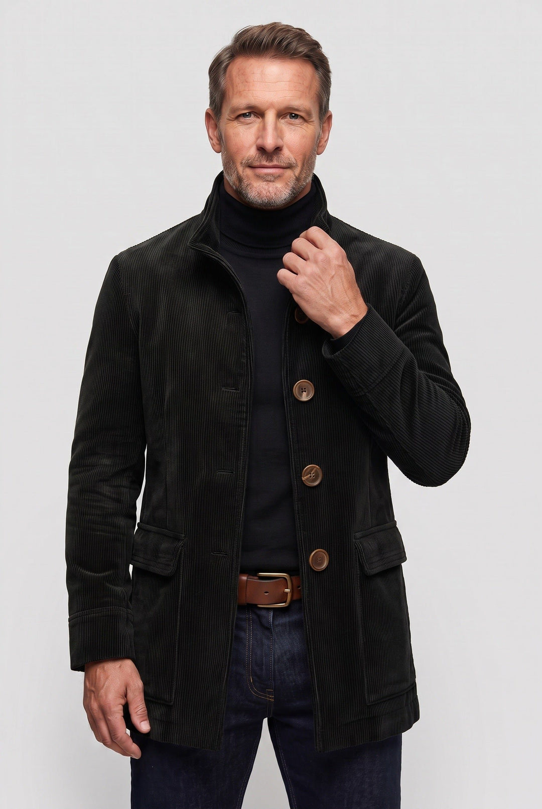 Corduroy Jacket with Stand-Up Collar for Men