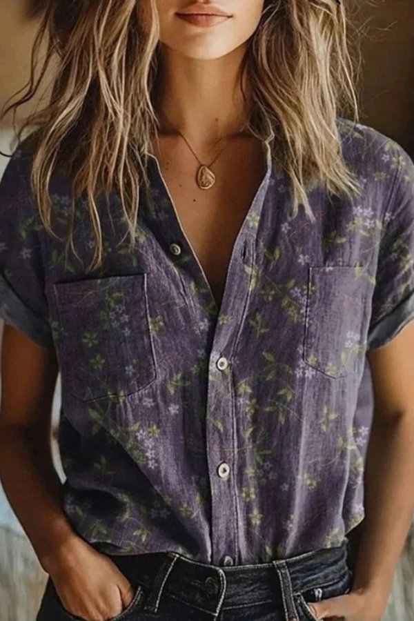 Florence | Cotton Floral Blouse Short Sleeve Button Down Lapel Collar