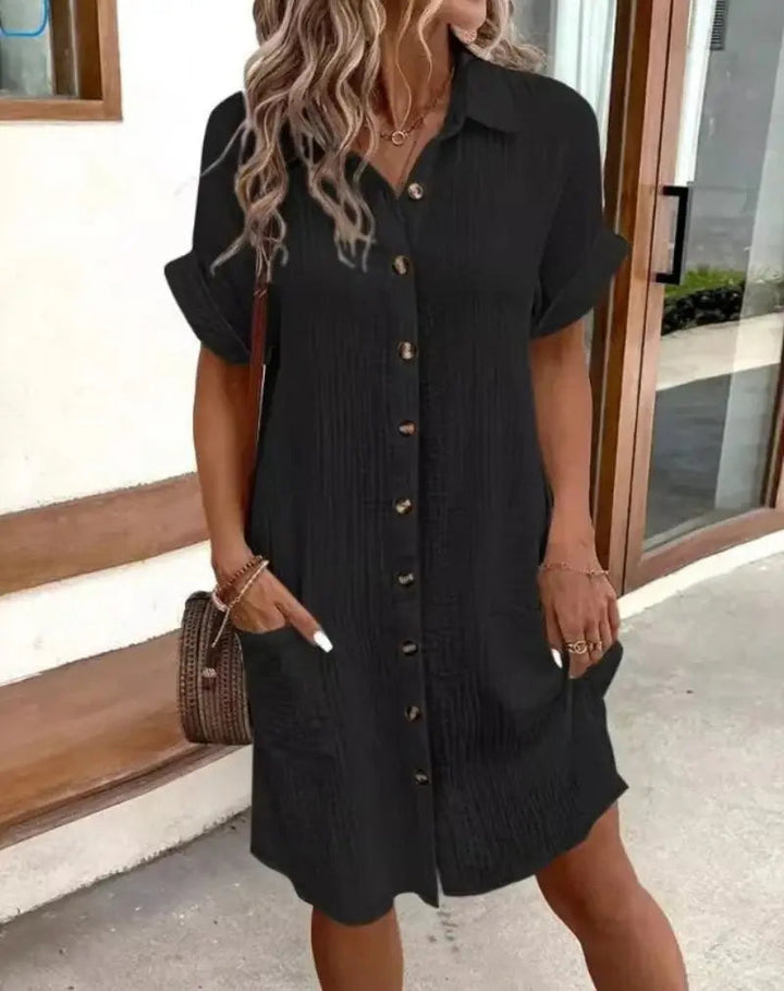 Women's Short-Sleeve Shirt Dress with Patch Pockets