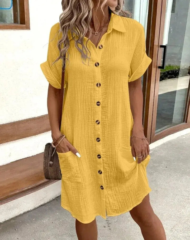 Women's Short-Sleeve Shirt Dress with Patch Pockets