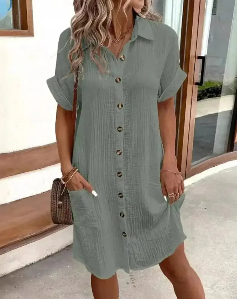 Women's Short-Sleeve Shirt Dress with Patch Pockets