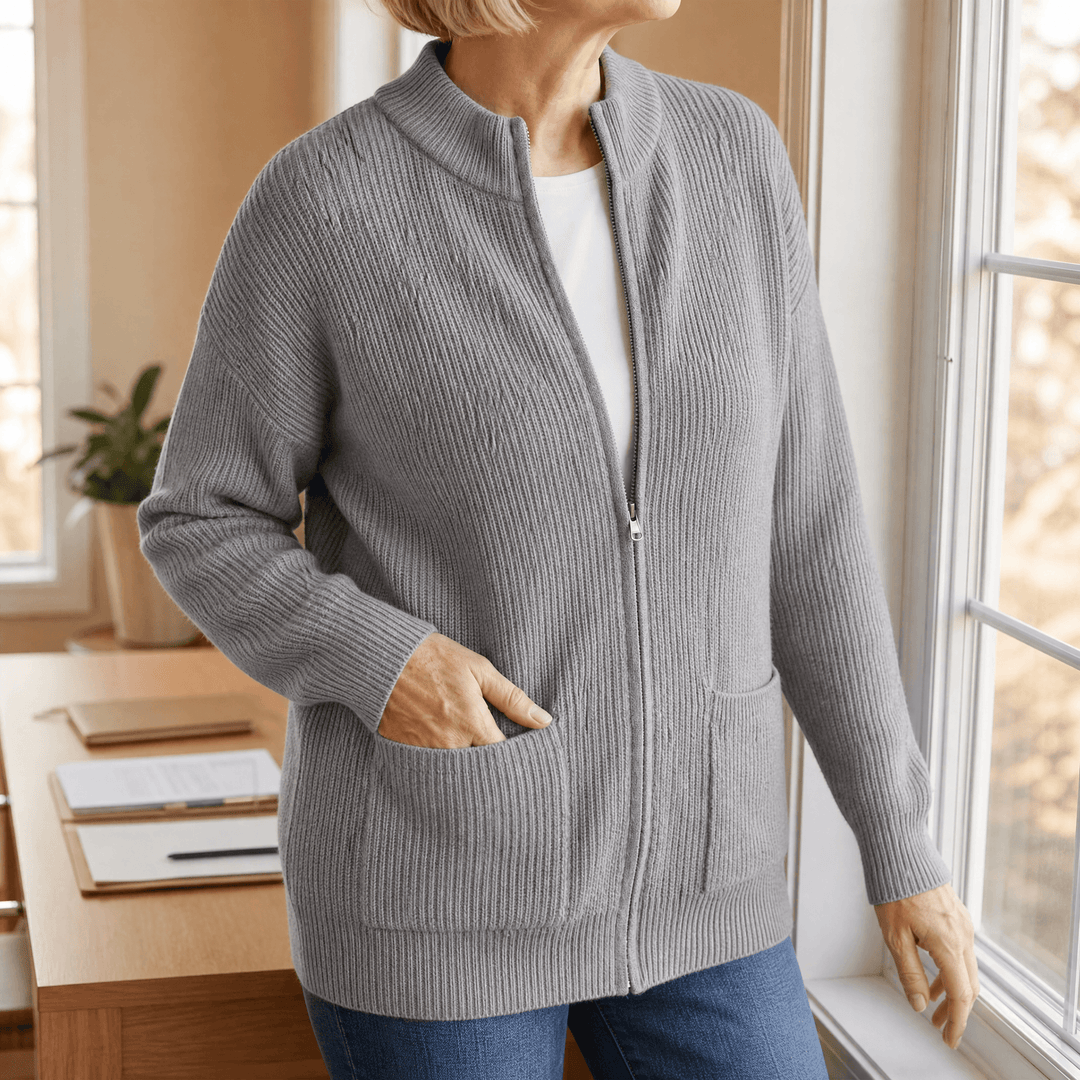Covena Soft Knit Zip Up Cardigan with Pockets - Elena Harper