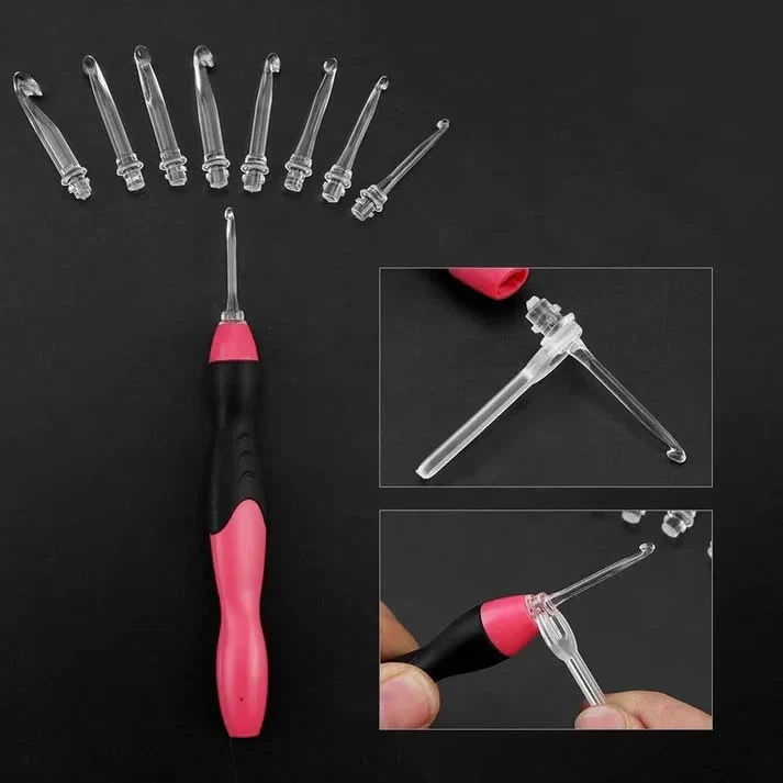 Crochet Hook Set With LED Light Interchangeable Tips And Better Visibility For Crafting Projects