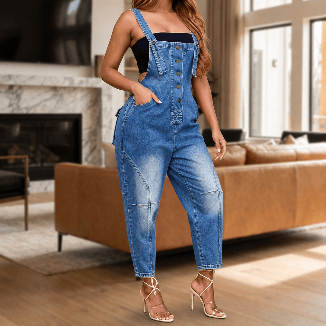 Curvella Women's Button-Front Tapered Denim Overalls - Elena Harper