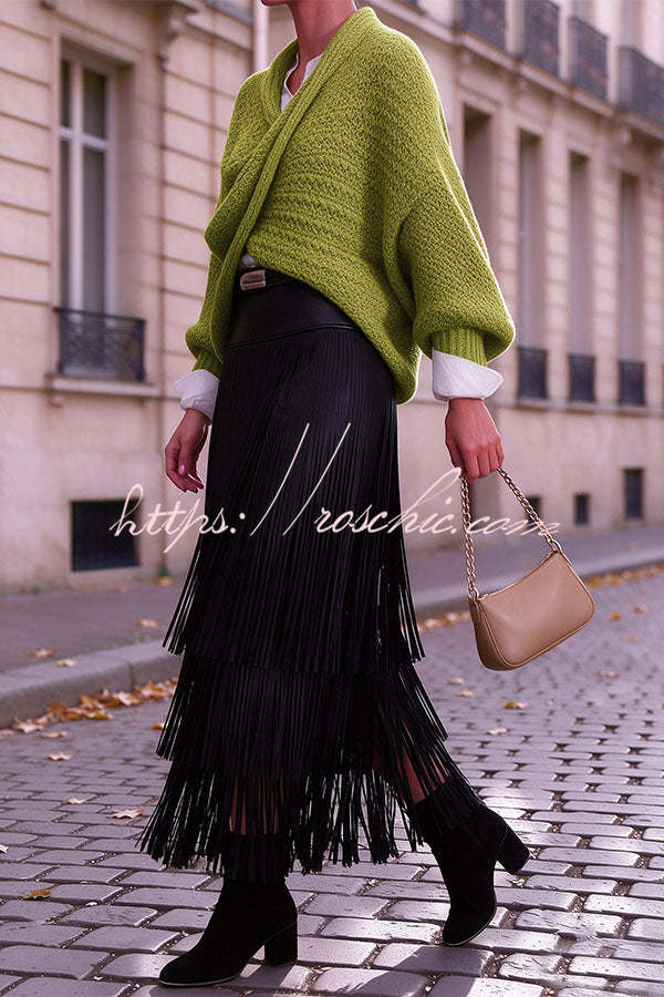 Evie Faux Leather High Rise Three-layer Tassels Stretch Maxi Skirt