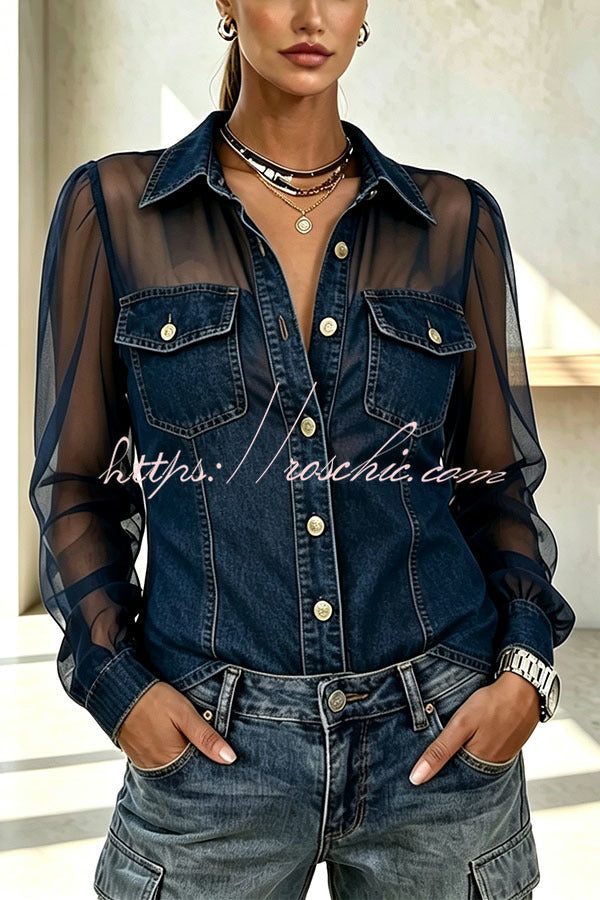 Fashionable and Casual Faux Denim Chiffon Patchwork Button Up Long Sleeve Shirt Jacket