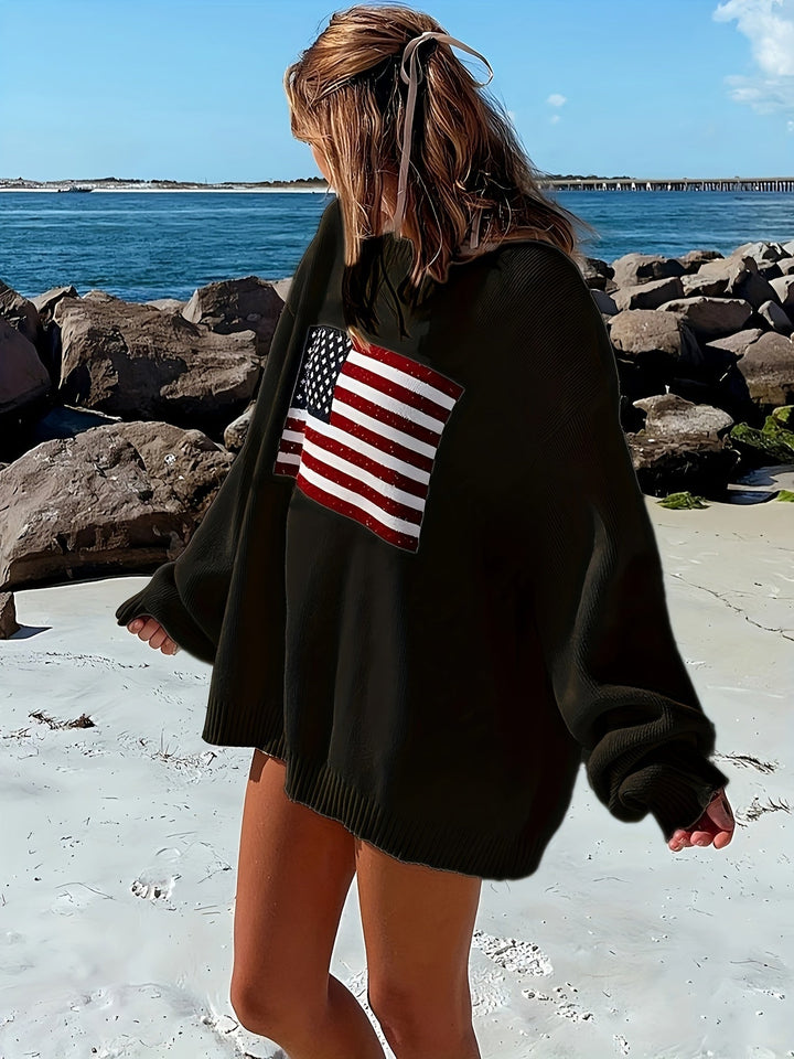 Pullover Women's Sweater American Flag Pattern Casual Round Neck Long Sleeves Warm Soft, view 3 - Elena Harper
