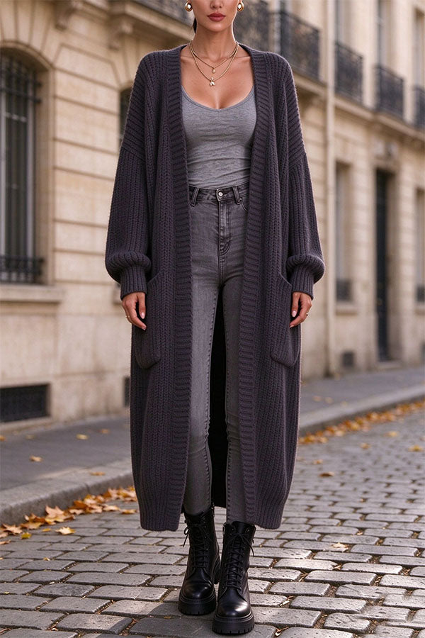 Trendy Thick Knit Open Front Long Sleeve Pocket Oversized Midi Cardigan