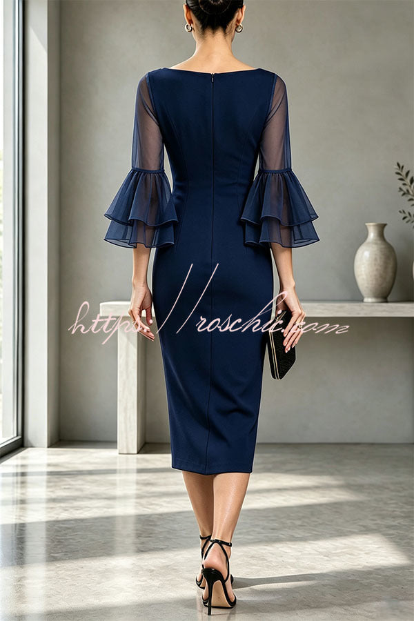 Formal Boat Neck Sheer Double Layer Bell Sleeve Bodycon Midi Dress
