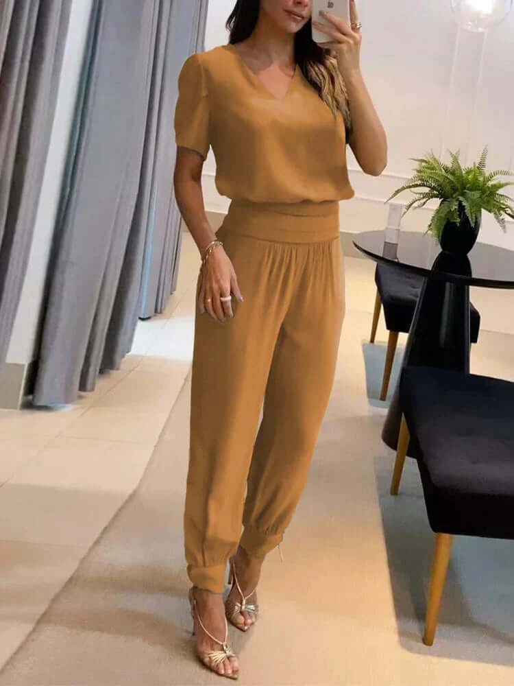 Women's  V-Neck Top & Elastic Waist Pants