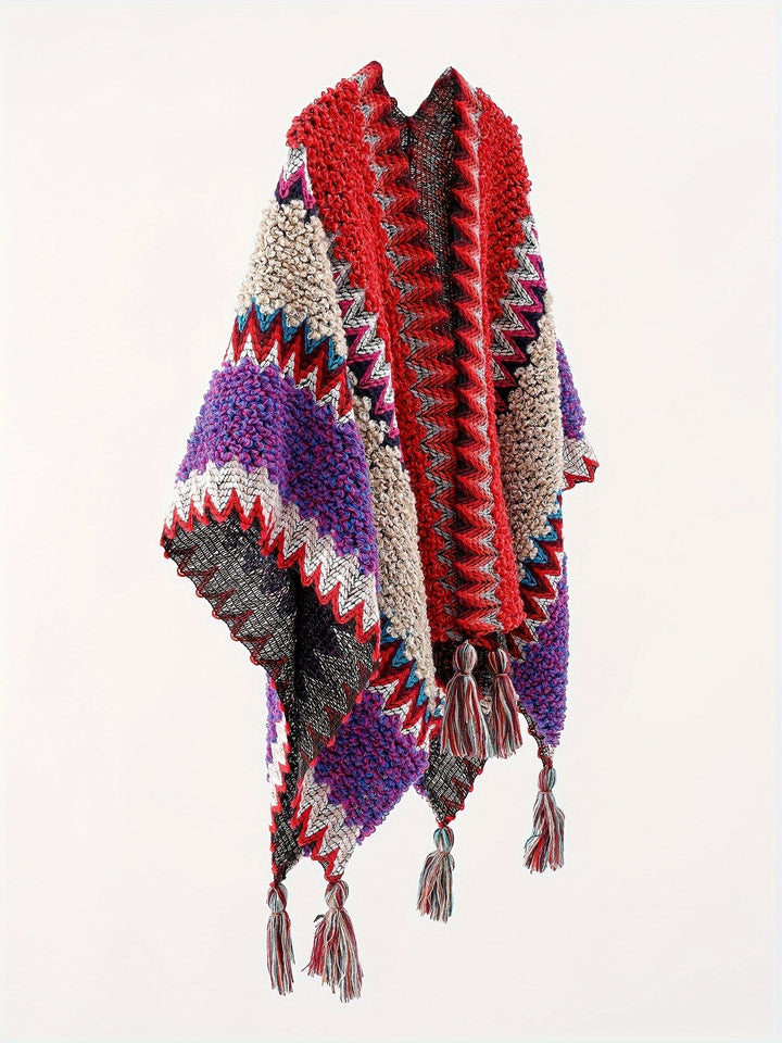 Briana Blanket with Tassels and Stripe Pattern Cape Travel Jacket, view 6 - Elena Harper